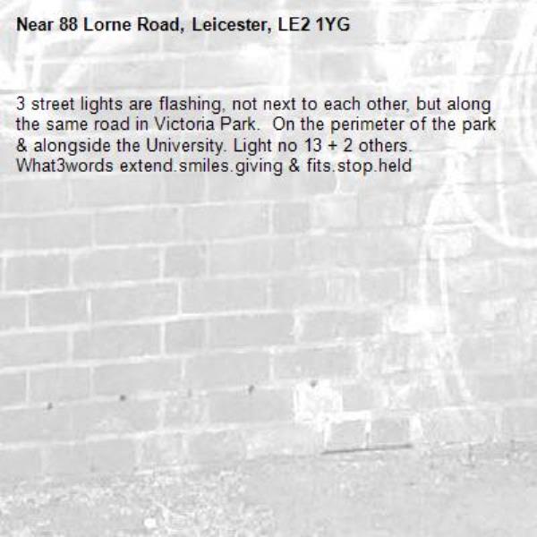 3 street lights are flashing, not next to each other, but along the same road in Victoria Park.  On the perimeter of the park &amp; alongside the University. Light no 13 + 2 others.  What3words extend.smiles.giving &amp; fits.stop.held-88 Lorne Road, Leicester, LE2 1YG