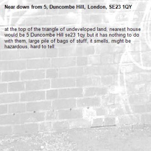 at the top of the triangle of undeveloped land, nearest house would be 5 Duncombe Hill se23 1qy but it has nothing to do with them, large pile of bags of stuff, it smells, might be hazardous, hard to tell.-down from 5, Duncombe Hill, London, SE23 1QY