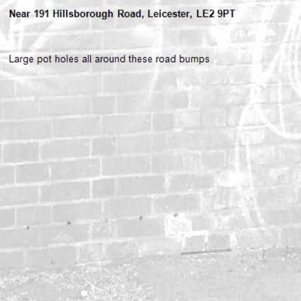 Large pot holes all around these road bumps -191 Hillsborough Road, Leicester, LE2 9PT