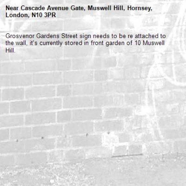 Grosvenor Gardens Street sign needs to be re attached to the wall, it's currently stored in front garden of 10 Muswell Hill.-Cascade Avenue Gate, Muswell Hill, Hornsey, London, N10 3PR