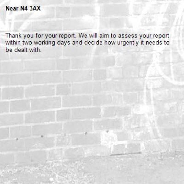 Thank you for your report. We will aim to assess your report within two working days and decide how urgently it needs to be dealt with.-N4 3AX 