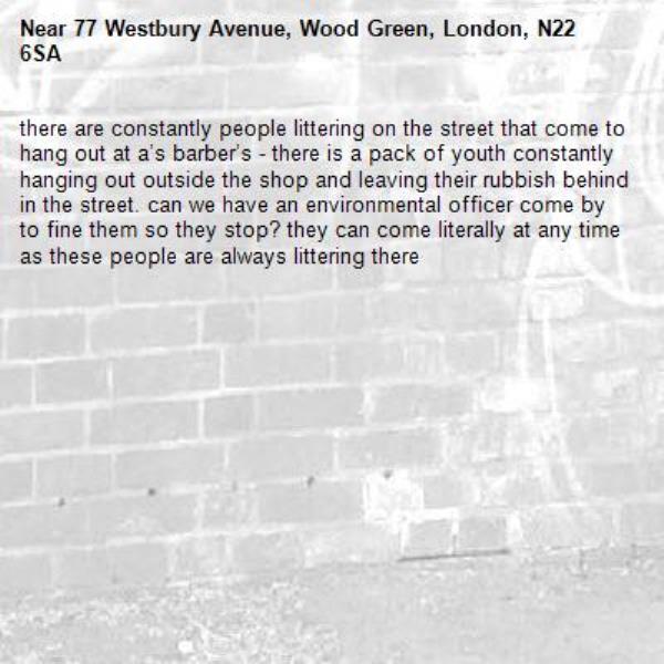 there are constantly people littering on the street that come to hang out at a’s barber’s - there is a pack of youth constantly hanging out outside the shop and leaving their rubbish behind in the street. can we have an environmental officer come by to fine them so they stop? they can come literally at any time as these people are always littering there-77 Westbury Avenue, Wood Green, London, N22 6SA