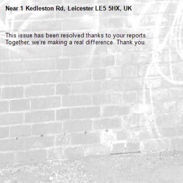 This issue has been resolved thanks to your reports.
Together, we’re making a real difference. Thank you.
-1 Kedleston Rd, Leicester LE5 5HX, UK