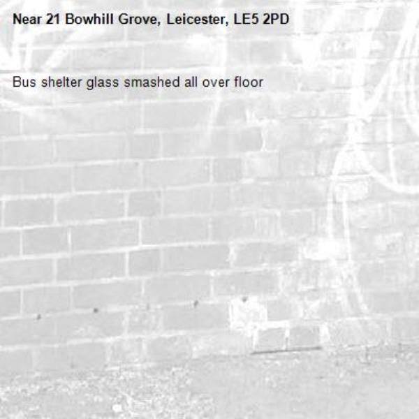 Bus shelter glass smashed all over floor-21 Bowhill Grove, Leicester, LE5 2PD