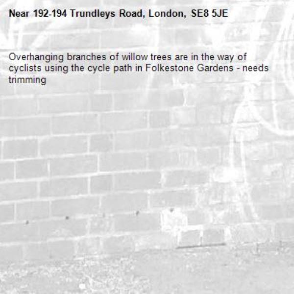Overhanging branches of willow trees are in the way of cyclists using the cycle path in Folkestone Gardens - needs trimming-192-194 Trundleys Road, London, SE8 5JE