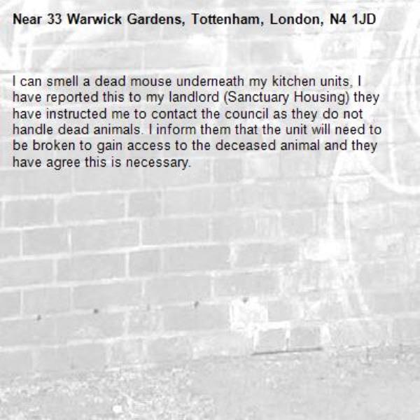 I can smell a dead mouse underneath my kitchen units, I have reported this to my landlord (Sanctuary Housing) they have instructed me to contact the council as they do not handle dead animals. I inform them that the unit will need to be broken to gain access to the deceased animal and they have agree this is necessary. -33 Warwick Gardens, Tottenham, London, N4 1JD