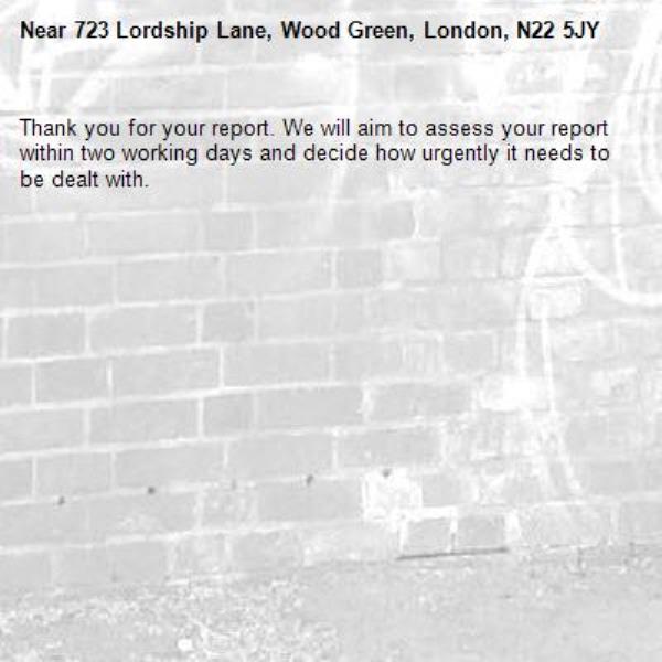 Thank you for your report. We will aim to assess your report within two working days and decide how urgently it needs to be dealt with.-723 Lordship Lane, Wood Green, London, N22 5JY