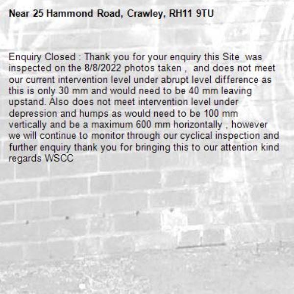 Enquiry Closed : Thank you for your enquiry this Site  was inspected on the 8/8/2022 photos taken ,  and does not meet our current intervention level under abrupt level difference as this is only 30 mm and would need to be 40 mm leaving upstand. Also does not meet intervention level under depression and humps as would need to be 100 mm vertically and be a maximum 600 mm horizontally , however we will continue to monitor through our cyclical inspection and further enquiry thank you for bringing this to our attention kind regards WSCC-25 Hammond Road, Crawley, RH11 9TU