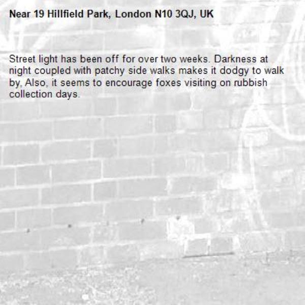 Street light has been off for over two weeks. Darkness at night coupled with patchy side walks makes it dodgy to walk by, Also, it seems to encourage foxes visiting on rubbish collection days. -19 Hillfield Park, London N10 3QJ, UK