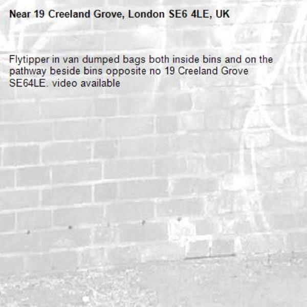 Flytipper in van dumped bags both inside bins and on the pathway beside bins opposite no 19 Creeland Grove SE64LE. video available -19 Creeland Grove, London SE6 4LE, UK