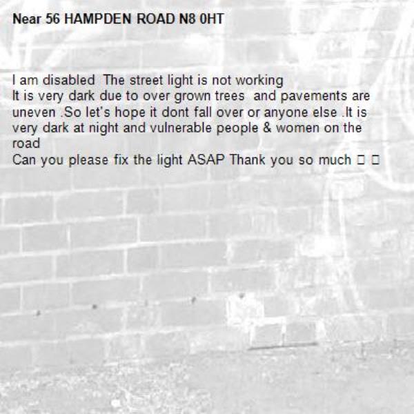 I am disabled  The street light is not working 
It is very dark due to over grown trees  and pavements are uneven .So let's hope it dont fall over or anyone else .It is very dark at night and vulnerable people &amp; women on the road 
Can you please fix the light ASAP Thank you so much 🙏 💖 -56 HAMPDEN ROAD N8 0HT 