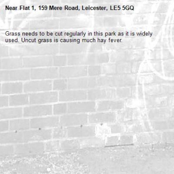 Grass needs to be cut regularly in this park as it is widely used. Uncut grass is causing much hay fever. -Flat 1, 159 Mere Road, Leicester, LE5 5GQ
