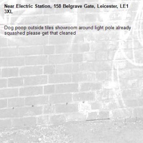 Dog poop outside tiles showroom around light pole already squashed please get that cleaned-Electric Station, 158 Belgrave Gate, Leicester, LE1 3XL