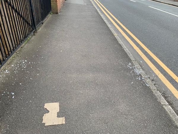 Redland Road along Royal Berkshire Hospital has lots of broken glass on the pedestrian walkway, some of the area had the broken glass nearly 2 weeks now as I notice it walking down that route regularly. This become a common problem around Reading. Also there is the cigarette butts all along road by hospital boundary walls as see staff or visitors having their smoking break out but obviously there isn’t any ashtray bins for them to use, not a clean tidy look for anyone walking down Redlands Rd-2 Redlands Road, Reading, RG1 5EX
