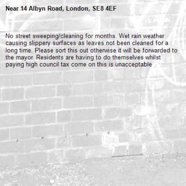 No street sweeping/cleaning for months. Wet rain weather causing slippery surfaces as leaves not been cleaned for a long time. Please sort this out otherwise it will be forwarded to the mayor. Residents are having to do themselves whilst paying high council tax come on this is unacceptable -14 Albyn Road, London, SE8 4EF