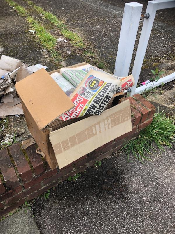 Please clear box of news papers from on boundary wall of garages-45 Aldersgrove Avenue, Grove Park, London, SE9 4PH