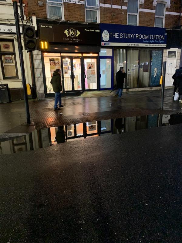 Pedestrian Hazard!! Crossing impaired by huge puddle!! Always like that since long time. -Denmark Arms, 381 Barking Road, East Ham, London, E6 1LA