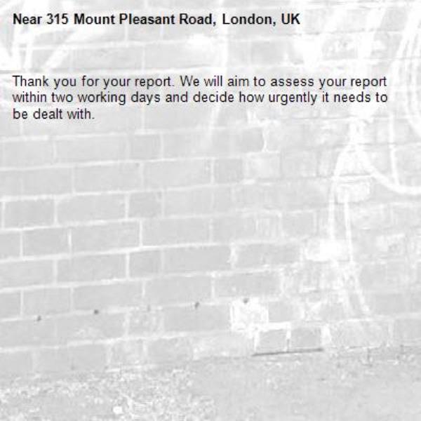 Thank you for your report. We will aim to assess your report within two working days and decide how urgently it needs to be dealt with.-315 Mount Pleasant Road, London, UK