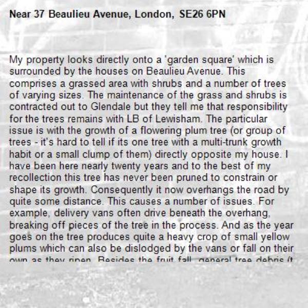 My property looks directly onto a 'garden square' which is surrounded by the houses on Beaulieu Avenue. This comprises a grassed area with shrubs and a number of trees of varying sizes. The maintenance of the grass and shrubs is contracted out to Glendale but they tell me that responsibility for the trees remains with LB of Lewisham. The particular issue is with the growth of a flowering plum tree (or group of trees - it's hard to tell if its one tree with a multi-trunk growth habit or a small clump of them) directly opposite my house. I have been here nearly twenty years and to the best of my recollection this tree has never been pruned to constrain or shape its growth. Consequently it now overhangs the road by quite some distance. This causes a number of issues. For example, delivery vans often drive beneath the overhang, breaking off pieces of the tree in the process. And as the year goes on the tree produces quite a heavy crop of small yellow plums which can also be dislodged by the vans or fall on their own as they ripen. Besides the fruit fall, general tree debris (twigs, leaves) and bird lime also falls into the road beneath the tree, making that space unsuitable for parking. In recent years I have taken it upon myself to sweep up the resulting mess once a week but this can be quite hard work (the plums glue themselves to the tarmac!) and having recently undergone open heart surgery I'm not sure I'll want to carry on doing this work in future. So I am hoping that I can persuade a Lewisham tree surgeon to come and take a look and work out a plan for reducing the size of the tree so as to ameliorate these issues. I should stress that I don't want anything as drastic as felling done, as the green aspect of the 'garden square' is very attractive and the plum blossom in Spring is beautiful, albeit only for a short time. But I do think that the tree's overhanging of the carriageway has become enough of a problem that some intervention is now warranted. Finally I should add that there is a similar issue with trees on the far side of the garden that could also do with a look and perhaps some similar action, eg opposite no. 42 Beaulieu Avenue. 

PS; I am retired and can usually be available in the daytime, so would be very happy to meet with the council's representative when s/he visits. Please give me a call to arrange this. -37 Beaulieu Avenue, London, SE26 6PN