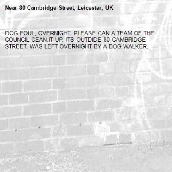 DOG FOUL, OVERNIGHT. PLEASE CAN A TEAM.OF THE COUNCIL CEAN.IT UP. ITS OUTDIDE 80 CAMBRIDGE STREET. WAS LEFT OVERNIGHT BY A DOG WALKER. -80 Cambridge Street, Leicester, UK