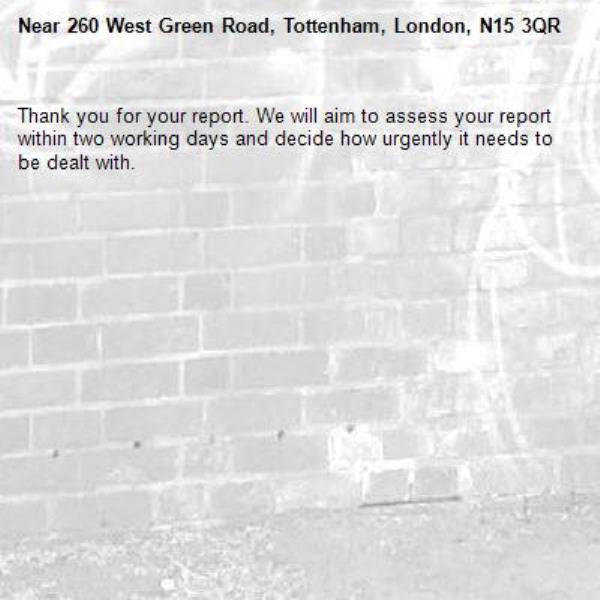 Thank you for your report. We will aim to assess your report within two working days and decide how urgently it needs to be dealt with.-260 West Green Road, Tottenham, London, N15 3QR