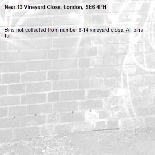 Bins not collected from number 8-14 vineyard close. All bins full -13 Vineyard Close, London, SE6 4PH