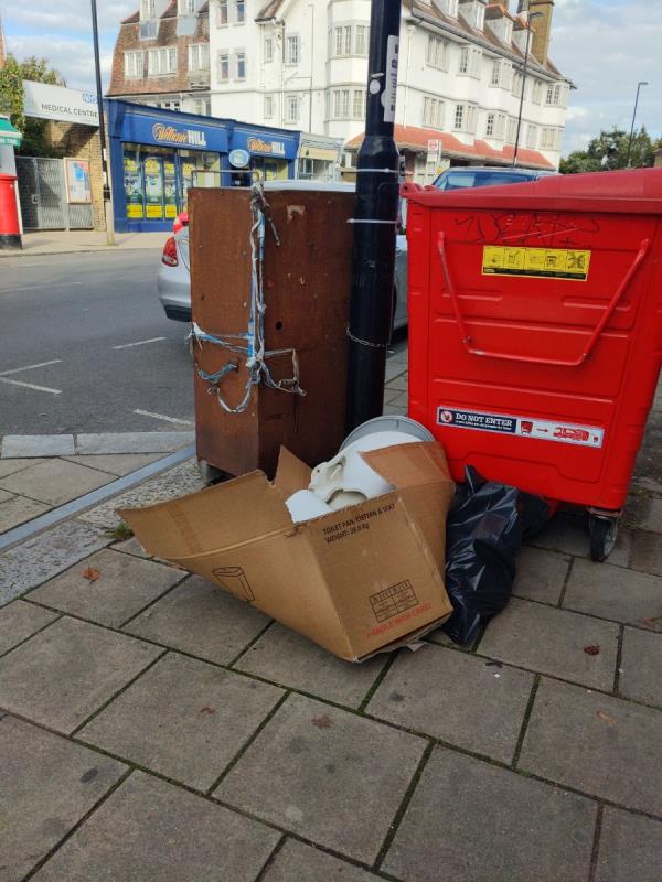 Wooden cupboard, toilet and boxes fly tipped -193E--193G Perry Vale, Forest Hill, London, SE23 2JF