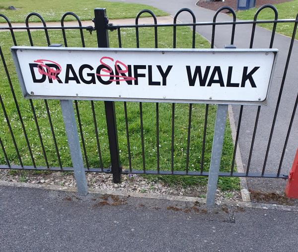 Red graffiti on Dragonfly Walk sign outside children's play area Aylestone  (Behind Aldi supermarket)-dragonfly walk