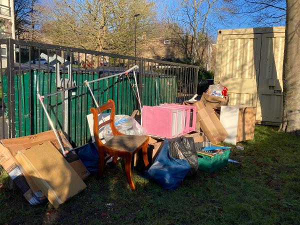Large amount of household, miscellaneous items (broken furniture, cupboards, chemical/paint tins, large bags of clothing, garden waste dumped in the recycling area on Vigilant Close by fly-tippers over the weekend. Please could you arrange to clear. Many thanks. -31 High Level Drive, London, SE26 6XZ