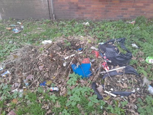 Black bags and gardening waste dumped-16 Dirleton Road, Stratford, London, E15 3QQ
