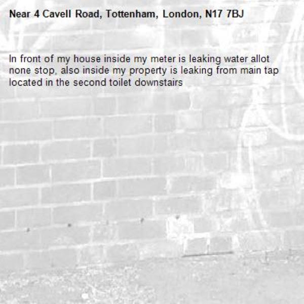 In front of my house inside my meter is leaking water allot none stop, also inside my property is leaking from main tap located in the second toilet downstairs -4 Cavell Road, Tottenham, London, N17 7BJ