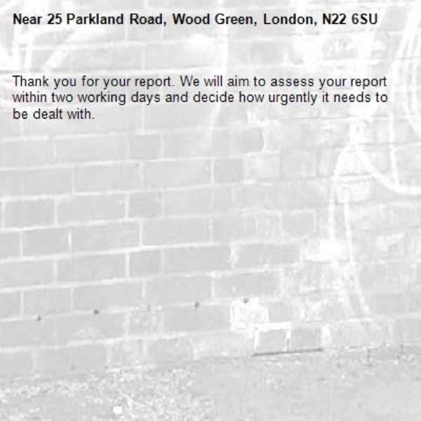 Thank you for your report. We will aim to assess your report within two working days and decide how urgently it needs to be dealt with.-25 Parkland Road, Wood Green, London, N22 6SU