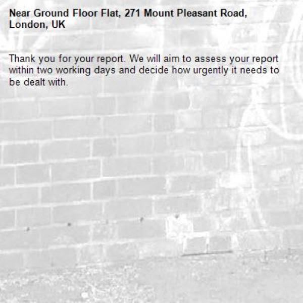 Thank you for your report. We will aim to assess your report within two working days and decide how urgently it needs to be dealt with.-Ground Floor Flat, 271 Mount Pleasant Road, London, UK