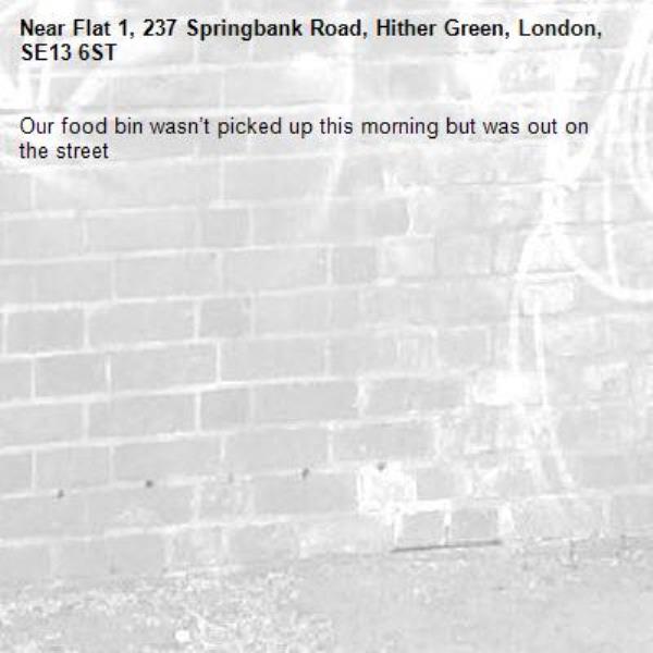 Our food bin wasn’t picked up this morning but was out on the street-Flat 1, 237 Springbank Road, Hither Green, London, SE13 6ST