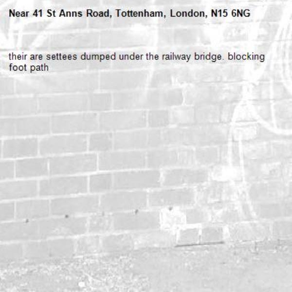 their are settees dumped under the railway bridge. blocking foot path-41 St Anns Road, Tottenham, London, N15 6NG
