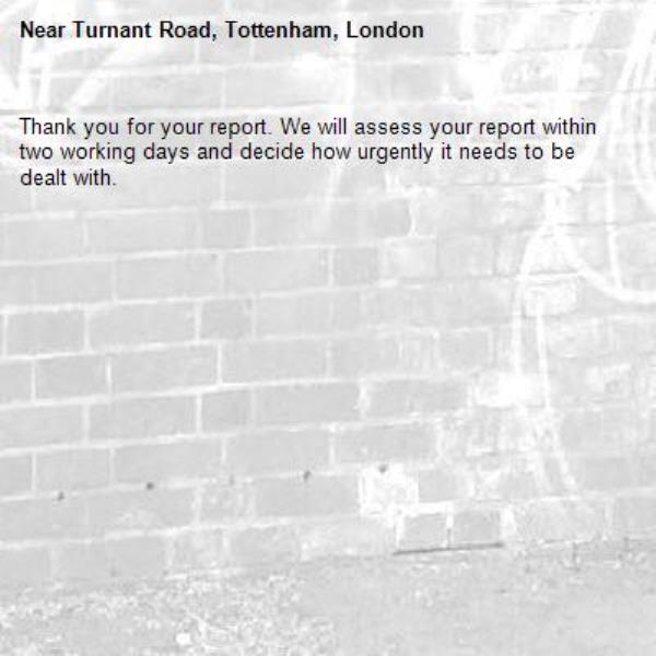 Thank you for your report. We will assess your report within two working days and decide how urgently it needs to be dealt with.-Turnant Road, Tottenham, London