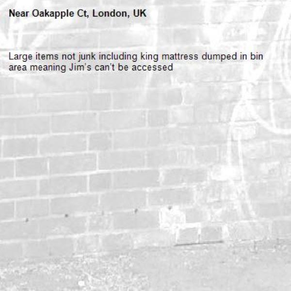 Large items not junk including king mattress dumped in bin area meaning Jim’s can’t be accessed
-Oakapple Ct, London, UK