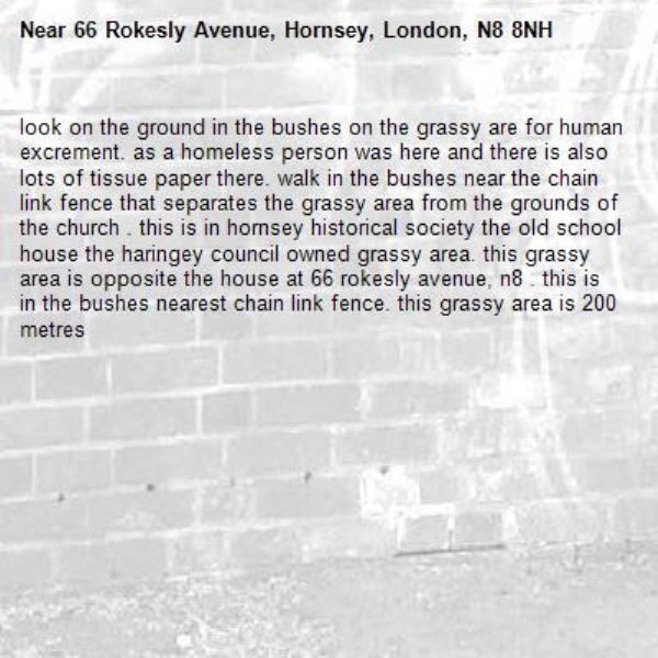 look on the ground in the bushes on the grassy are for human excrement. as a homeless person was here and there is also lots of tissue paper there. walk in the bushes near the chain link fence that separates the grassy area from the grounds of the church . this is in hornsey historical society the old school house the haringey council owned grassy area. this grassy area is opposite the house at 66 rokesly avenue, n8 . this is in the bushes nearest chain link fence. this grassy area is 200 metres-66 Rokesly Avenue, Hornsey, London, N8 8NH