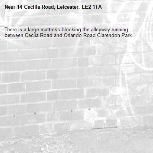 There is a large mattress blocking the alleyway running between Ceciia Road and Orlando Road Clarendon Park.-14 Cecilia Road, Leicester, LE2 1TA