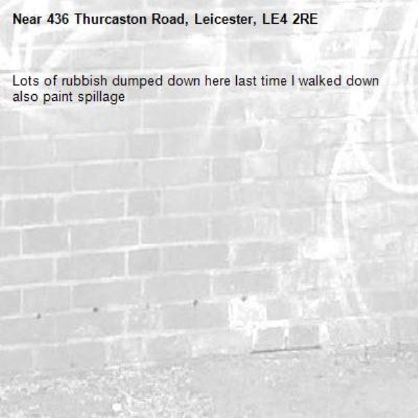 Lots of rubbish dumped down here last time I walked down also paint spillage -436 Thurcaston Road, Leicester, LE4 2RE