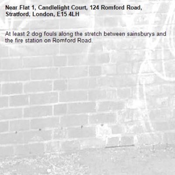 At least 2 dog fouls along the stretch between sainsburys and the fire station on Romford Road. -Flat 1, Candlelight Court, 124 Romford Road, Stratford, London, E15 4LH