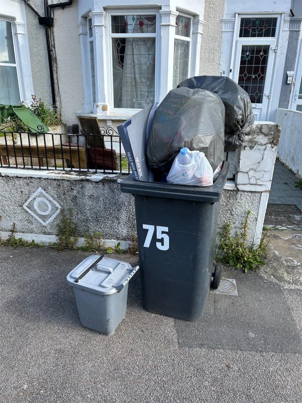 75 Engleheart Road bin not emptied left overflowing. Overfilled by ex tenants moving out. No empty bin for new tenant. -75 Engleheart Road, London, SE6 2HR