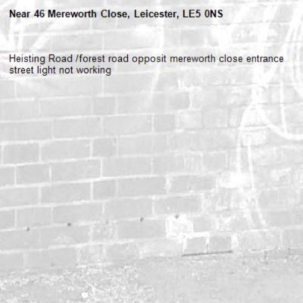 Heisting Road /forest road opposit mereworth close entrance street light not working -46 Mereworth Close, Leicester, LE5 0NS