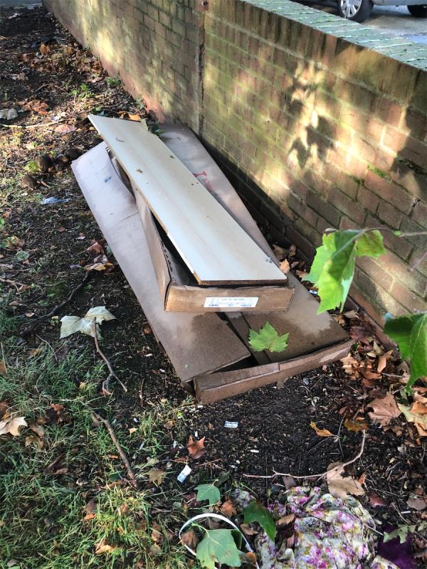 Please clear flytip of wood from highways enclosure -89 Lambscroft Avenue, Grove Park, London, SE9 4PD