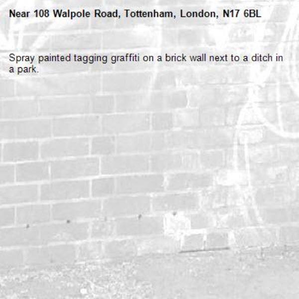 Spray painted tagging graffiti on a brick wall next to a ditch in a park.-108 Walpole Road, Tottenham, London, N17 6BL