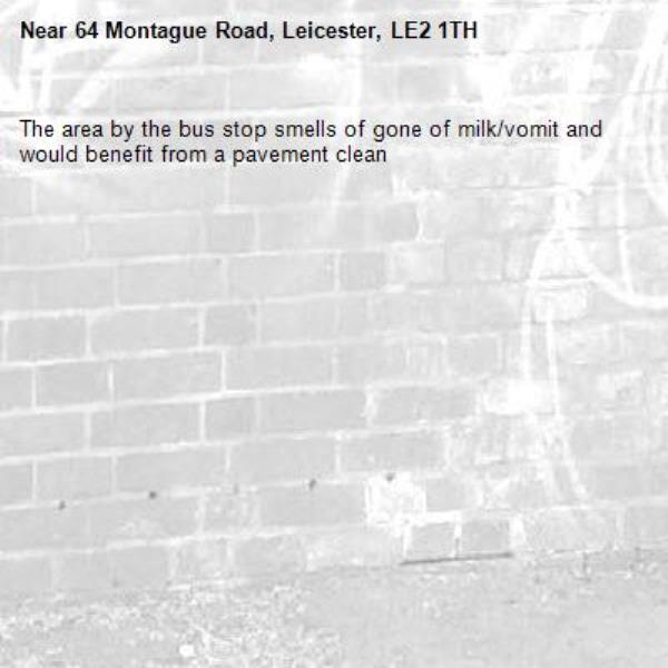 The area by the bus stop smells of gone of milk/vomit and would benefit from a pavement clean-64 Montague Road, Leicester, LE2 1TH