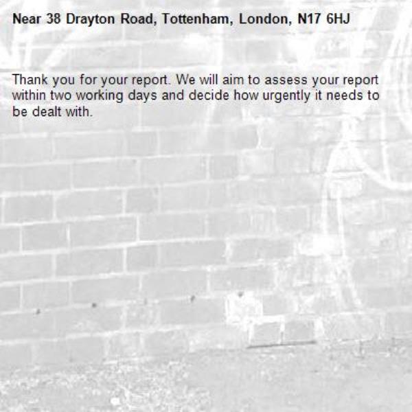 Thank you for your report. We will aim to assess your report within two working days and decide how urgently it needs to be dealt with.-38 Drayton Road, Tottenham, London, N17 6HJ