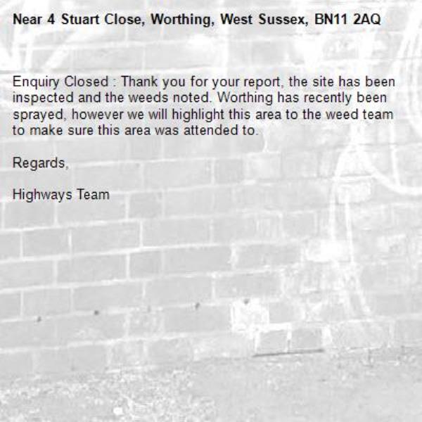 Enquiry Closed : Thank you for your report, the site has been inspected and the weeds noted. Worthing has recently been sprayed, however we will highlight this area to the weed team to make sure this area was attended to. 

Regards,

Highways Team-4 Stuart Close, Worthing, West Sussex, BN11 2AQ