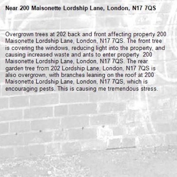 Overgrown trees at 202 back and front affecting property 200 Maisonette Lordship Lane, London, N17 7QS. The front tree is covering the windows, reducing light into the property, and causing increased waste and ants to enter property  200 Maisonette Lordship Lane, London, N17 7QS. The rear garden tree from 202 Lordship Lane, London, N17 7QS is also overgrown, with branches leaning on the roof at 200 Maisonette Lordship Lane, London, N17 7QS, which is encouraging pests. This is causing me tremendous stress. -200 Maisonette Lordship Lane, London, N17 7QS