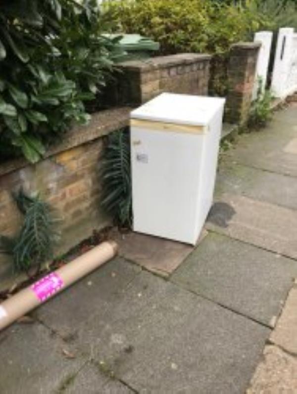 A fridge has been outside 69 Endwell for a week.. Reported via Fix My Street-71 Endwell Road, Brockley, SE4 2NF